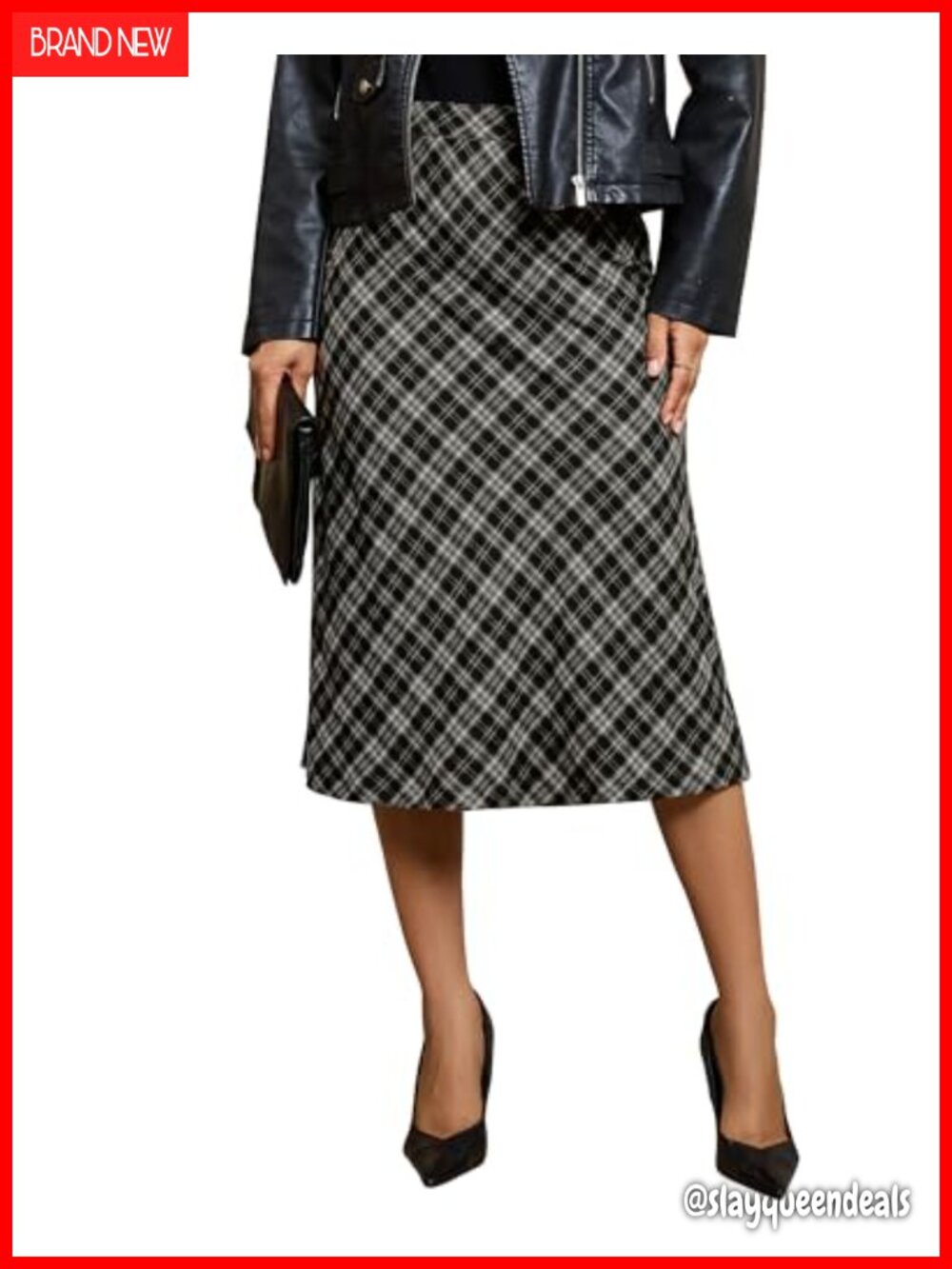 Plaid Midi Skirt High Waisted A-Line Elastic Waist Casual Office Fall